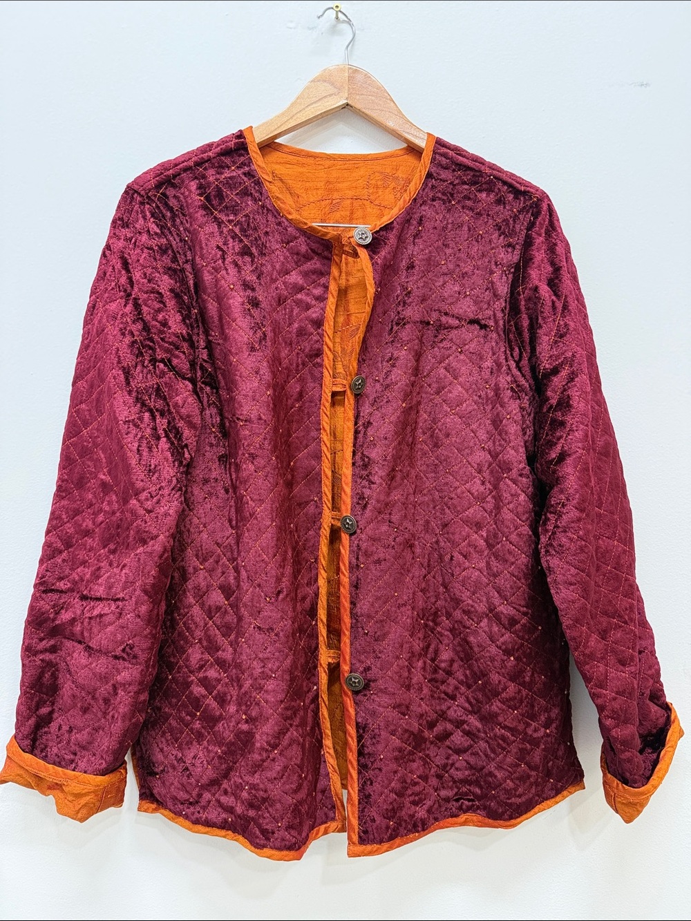Quilted‎ Velvet Jacket in Burgundy with Orange Trim Reversible